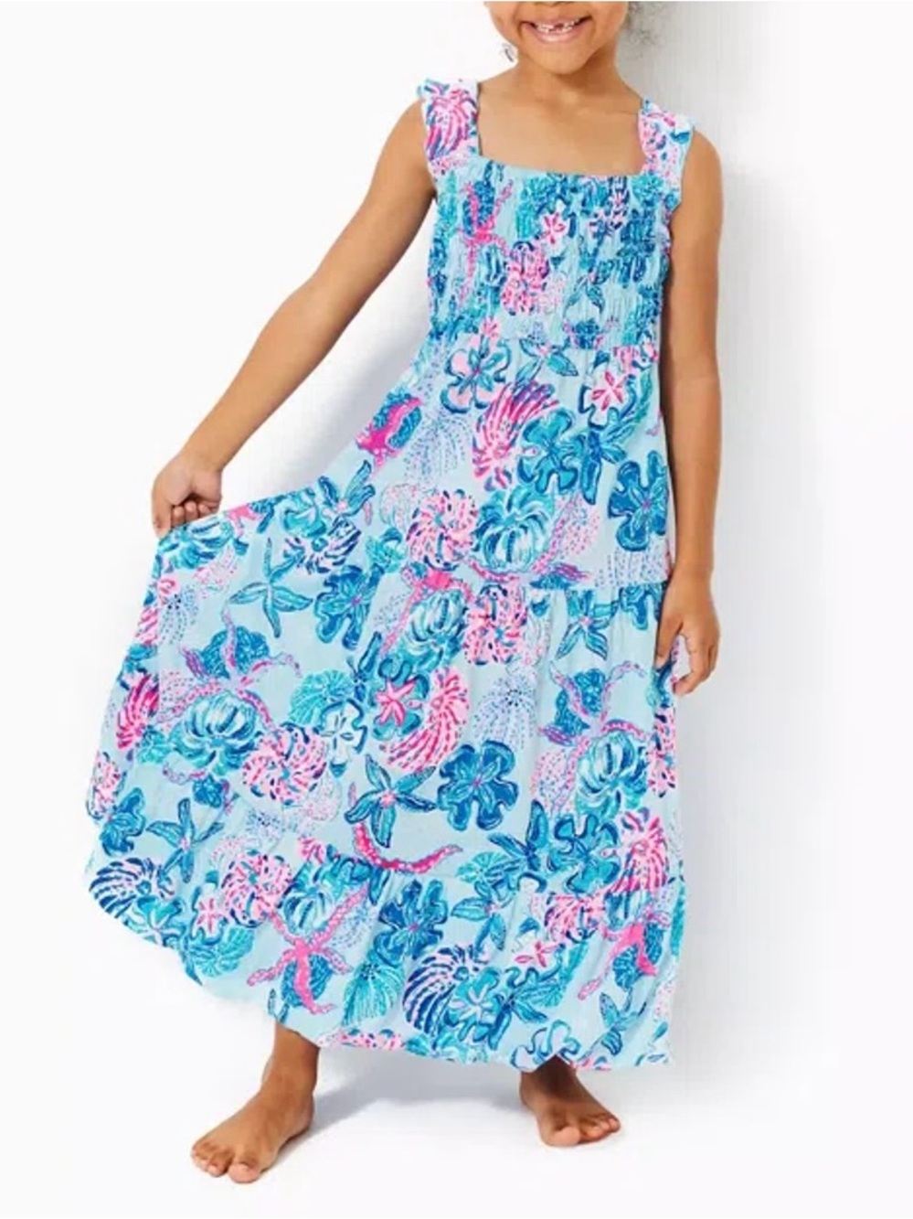Lilly Pulitzer Mini Hadly Pink Blue Ruffle Tiered Maxi Dress Girl’s Size Large